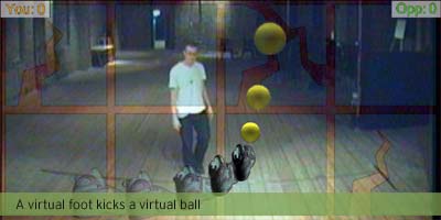 A virtual foot kicks a virtual ball